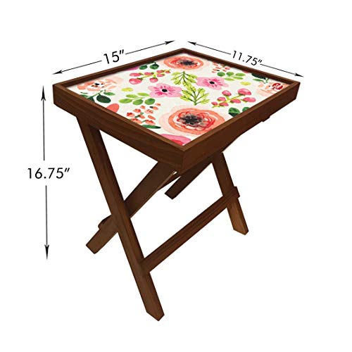 Image of Nutcase Designer Teak Wood Side Table Folding Wooden Bedside Coffee Outdoor Picnic Table - Cute Pink Floral