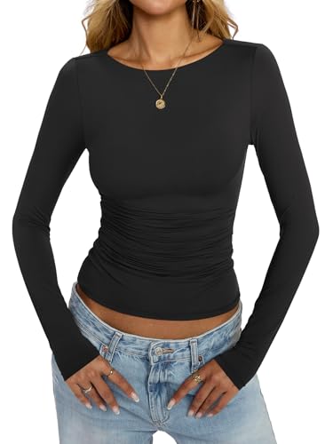 EasyGala Womens Boat Neck Long Sleeve Shirts Ruched Double Lined Top Fitted Basic Tight Tee Spring Fall Clothes Black
