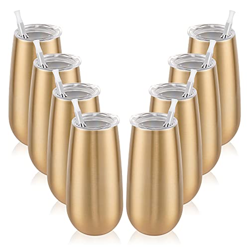 8 Pack Insulated Champagne Tumblers, Stemless Champagne Tumbler 6 Oz, Champagne Flutes Wine Tumbler, Unbreakable Cocktail Cups with Lid, Gift for Family Friends Christmas Birthday Wedding (Gold)