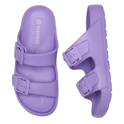 Image of INMINPIN Boys Girls Double Buckle Slide Sandals Comfort Beach Pool Shower Slippers Adjustable Indoor Outdoor Little Kid /Big Kid