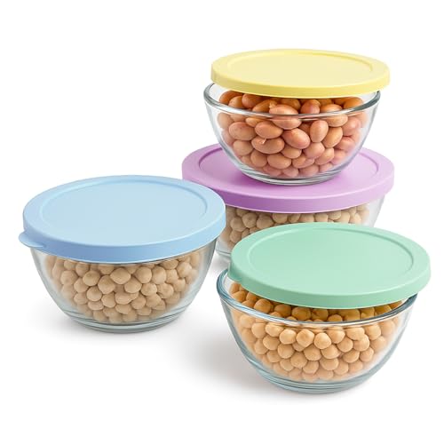 TIENDA EURASIA – Set 4 Tupper Cristal | Redondos | Azul, Amarillo, Lila y Verde | Vidrio (Borosilicato) + Plástico | 800, 1000, 1600 y 2100 ml | Apto para Lavavajillas y Microondas (excepto la Tapa)