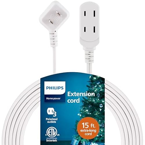 Philips Extension Cord, 15 Ft, 3-Outlet Flat Plug Extension Cord