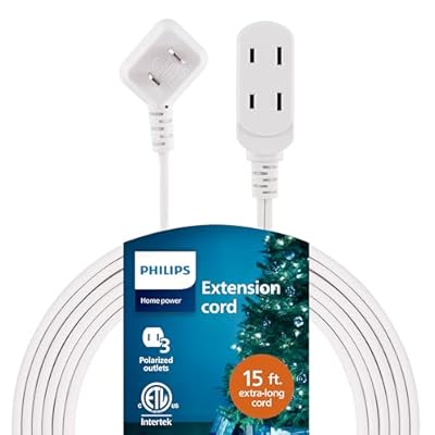 Philips Extension Cord, 15 Ft, 3-Outlet Flat Plug Extension Cord, Flat Extension Cord with Multiple Outlets, 2 Prong Extension Cord, Safety Slide Long Extension Cord, 1 Pack, White, SPS1032WE/27