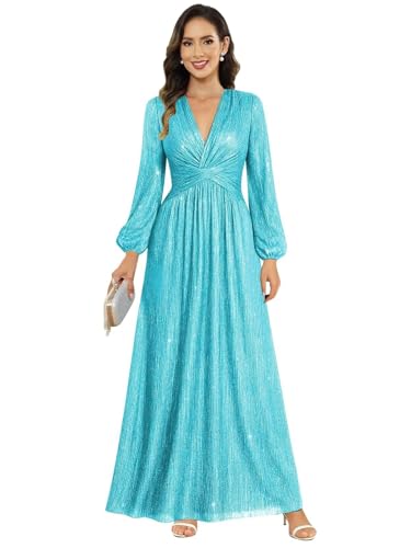 Image of Women's Formal Wedding Guest V Neck Glitter Sequins Mother of The Bride Dresses Long Sleeve