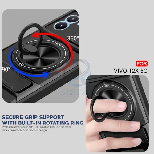 Image of AESTMO Vivo T2X / Y16 / Y56 Back Cover | Armor Camera Slider 360 Degree Rotating Finger Ring Holder Case with Bracket Stand Back Case Cover (Compatible with MagSafe Accessories) (Black)