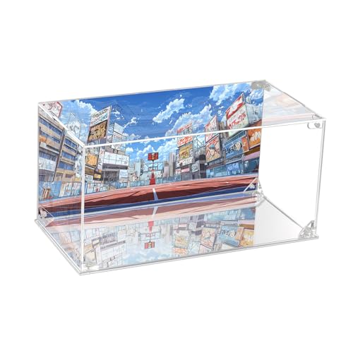 CHILLCASE UV Printed Background Acrylic Display Case with Mirror Base Anime Scene Clear Display Box Stand for Collectible Showcase for Action Figures Models PVC(Playground,11.8×5.9×5.9 inch
