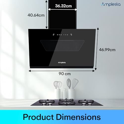 Image of Amplesta CycloneX 90CM Chimney for Kitchen Auto Cleaning 1600 m3 hr LED Touch Copper Motor Wall Mounted Kitchen Chimney for Home Filterless Two Way Suction Touch & Gesture Control (CycloneX-90-FL-HAC)