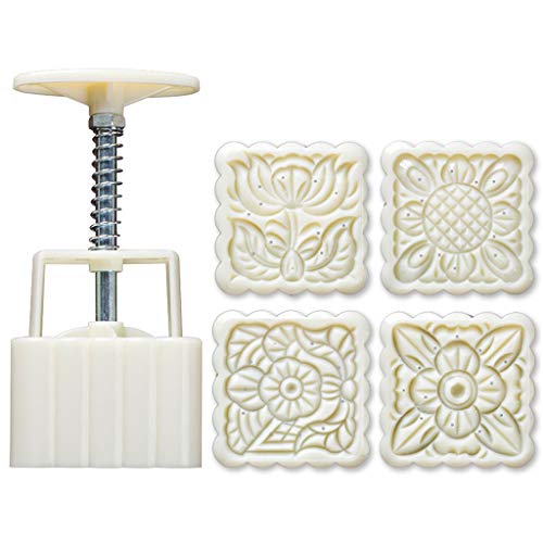 MB-LANHUA 4 Piezas Square Hand Press Stamp Moon Cake Decor Barrel Mooncake Mold 125g DIY Tool