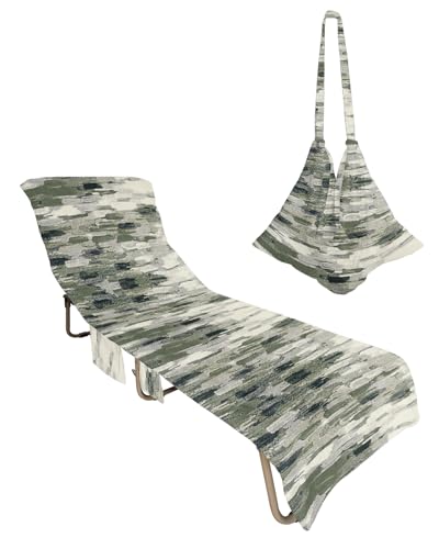 Dark Green Beige Ombre Beach Lounge Chair Towel Cover, Soft Chaise Lounge Towel with Side Pockets Patio Pool Chairs Cover for Beach/Pool Sunbathing 29x85 Modern Oil Painting Abstract Art Aesthetics