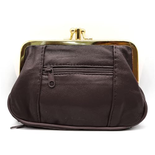 Charmoni - Portefeuille Femme - Porte Monnaie Fermeture clic clac Fermoir - Poche zippée - en Cuir d'agneau - 15 x 10 x 1 cm (Marron foncé)