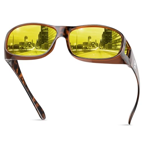 suoso Night Driving Glasses Fit Over Eyeglasses for Men Women, Polarized Anti Glare Night Vision Glasses HD Yellow Lens