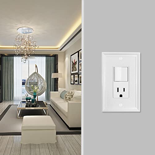 1-Gang Modern Decorative Wall Plate Light Switch Plate Outlet Cover, Natural Texture Design, White (Single Decorator,4-Pack) #TOP4