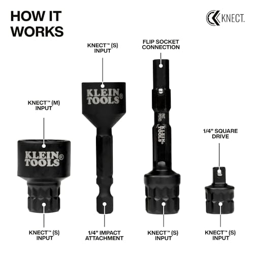 Image of Klein Tools 65KADPS KNECT (S) Impact Socket Adapter Set, 4 Adapters for Ratchets, Impact Drivers and Flip Sockets, Fits 1 /4-Inch Drive Tools, Compatible with KNECT (M) System