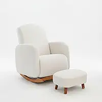 Poltrona/Cadeira Orgânica de Amamentação, Base em Madeira Tipo Canoa, Estofado Off White com Balanço, para Maternidade- SANMOV