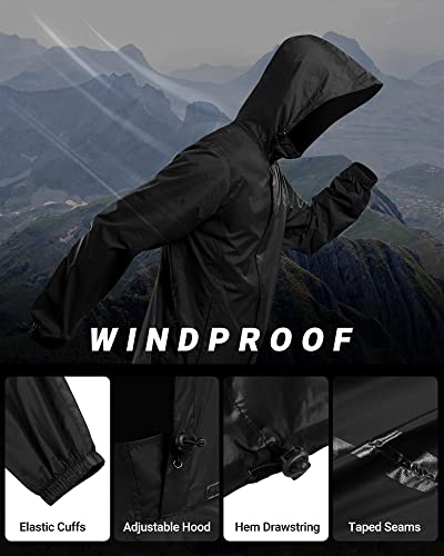 Outdoor Ventures Męska kurtka przeciwdeszczowa, wodoszczelna, ultralekka, cienka, składany płaszcz przeciwdeszczowy, oddychająca kurtka rowerowa, sportowa, czarny, XL