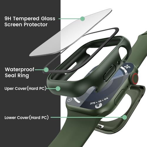 Image of 3 in 1 Goton Waterproof Hard Case for Apple Watch Screen Protector 45mm, 360 Slim Full Protective Tempered Glass Face Cover + Back Hard PC Bumper for iWatch Series 9 /8 /7, 45mm Green