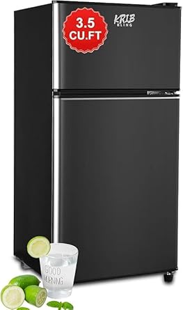 KRIB BLING Refrigerator 3.5 Cu.Ft with Freezer,Vintage Double Door,Lock Fresh,7 Level Adjustable Thermostat ct for Dorm, Bar, Office,Kitchen, Apartment,Black