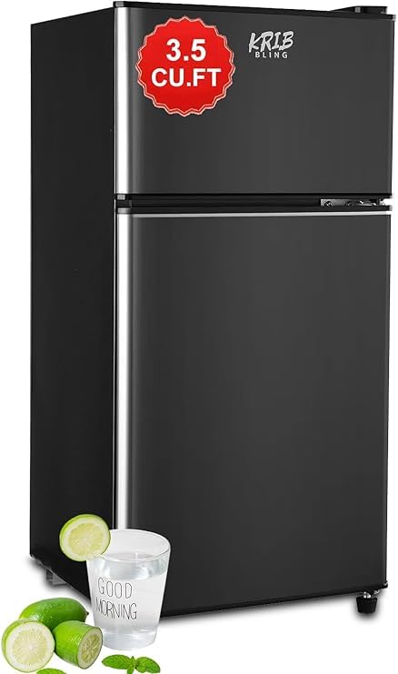 KRIB BLING Refrigerator 3.5 Cu.Ft with Freezer,Vintage Double Door,Lock Fresh,7 Level Adjustable Thermostat ct for Dorm, Bar, Office,Kitchen, Apartment，Black | Fridge.com