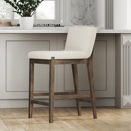 Nathan James Gracie Modern Counter Height Bar Stool with Back, Counter Stool Upholstered Chair with Natural Textured Linen and Brushed Wooden Legs, Cream Boucle/Dark Brown