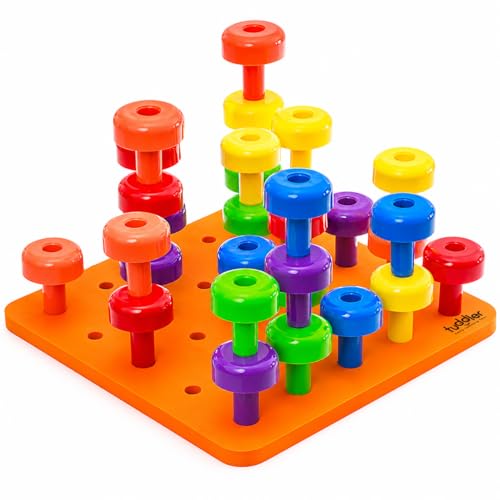 Image of Toddler Peg Board Sensory Montessori Fine Motor Skills Educational Toys - 30 Stackable Pegs + Pattern Card + Drawstring Backpack + E-Book (Orange)