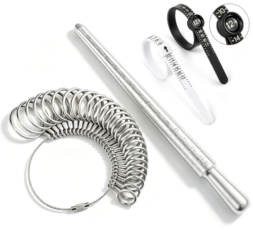 Image of Bflaae 4 PCS Ring Sizer Measuring Tool Kit with US Ring Mandrel, 27 PCS Stainless Steel Ring Gauges, 2 PCS Reusable Finger Size Tape with Magnified Glass 1-17 USA Rings Size, Pro 4 PCS