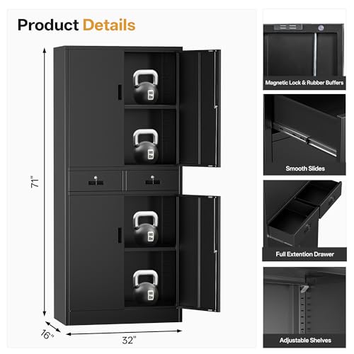 Image of Metal Storage Cabinet, 71 inch H Garage Cabinet with 2 Locking Drawers and 2 Adjustable Shelves, Black Tool Cabinet, Tall Storage Cabinet for Home, Office, Gym, School