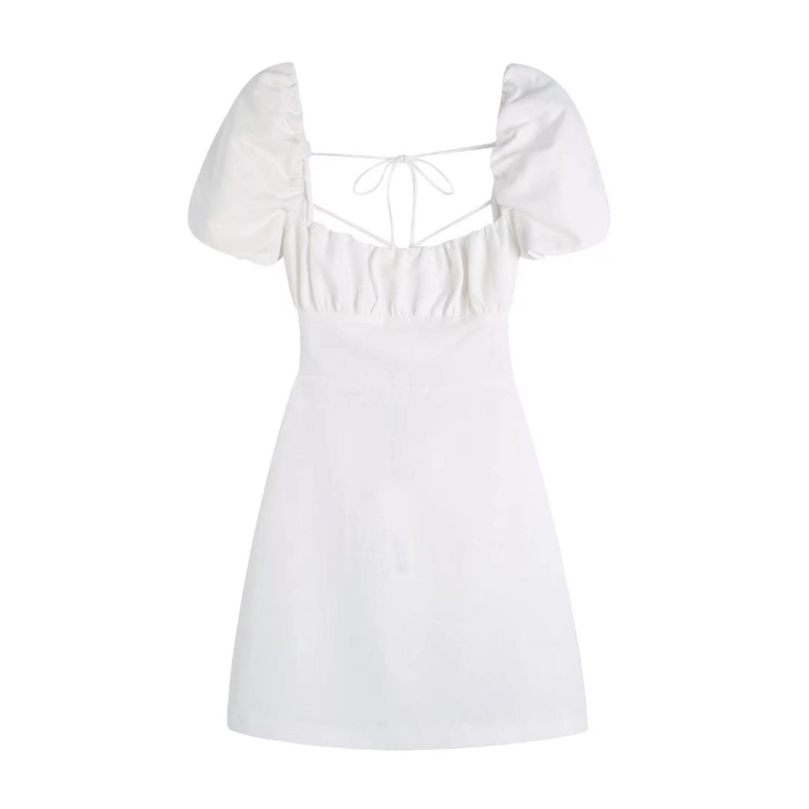 Abito da donna alla moda con scollo quadrato senza schienale maniche a sbuffo busto elasticizzato e vita abito corto bianco estivo