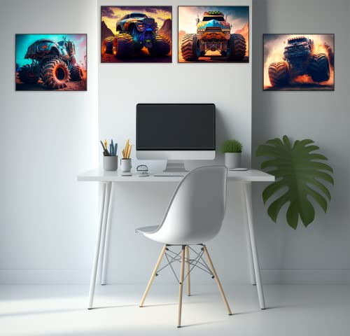 Cng Digital Monster Truck Posters For Boys Room Car Poster Set Of 4 Unframed (8''X10'') Monster Truck Wall Art Prints Aesthetic Posters For Bedroom Kids Room Wall Art Playroom Decoration #TOP5