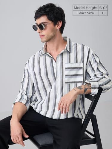Image of The Souled Store Cotton Linen Stripes: Ashen Men and Boys Long Sleeve Spread Collar Button Front Green Striped Regular Fit Easy to Dress Officewear Casual Cotton Linen Shirts