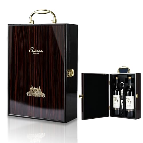 HiCrast Wine Box, 2 Bottle Top Handle with 3 Accessory Gift for Wedding,Party,Gift,Birthday,Vintage Ebony Wine Storage Box for Home Bar Decor,Handmade Premium Carrier Case