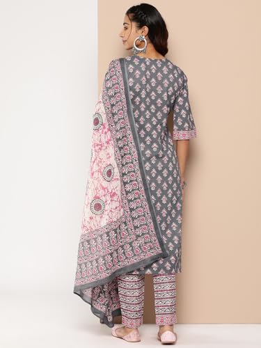 Image of Libas Yellow Yoke Design Cotton Straight Kurta with Trousers & Dupatta