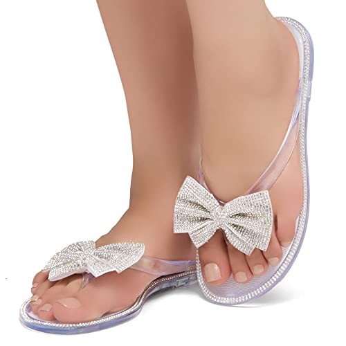 Shoe Land Summer Women Rhinestone Bowtie Flip Flops Jelly Thong Sandals Rubber Flat Beach Rain Shoes Clear 8.0 #TOP4