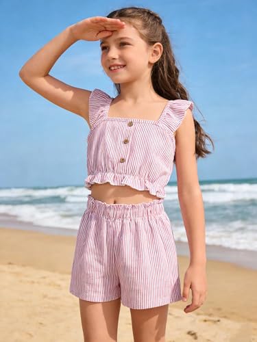 Image of Girl's Summer Clothing Sets Knit Ruffle Striped T-Shirt and Shorts 2 Piece Outfits