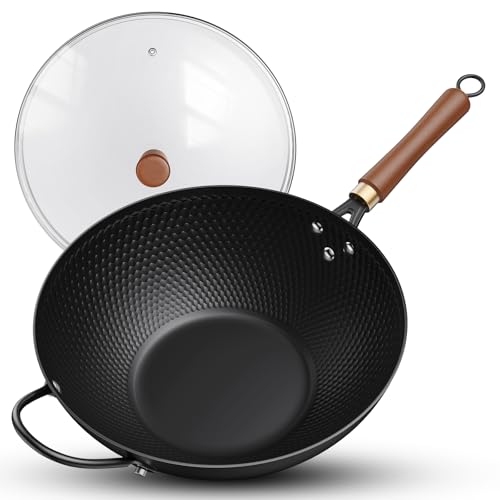 Nonstick Wok, 13-Inch Carbon Steel Wok Pan with Glass Cover, Woks...