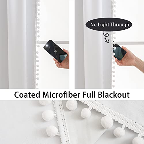 Image of Treatmentex White Blackout Curtains for Living Room Bedroom 84inch Long Pom Pom Curtain Panels for Windows Thermal Insulated Curtains for Kids Nursery Room Rod Pocket 52 inch W x 2pcs