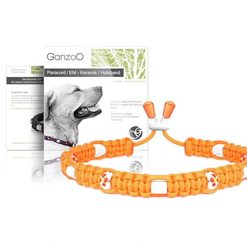 Ganzoo EM Keramik Zierhalsband für Hunde, Paracord 550 handgeknüpft, mit Zierperlen sowie EM Tubes und EM Pipes im Polyester- Nylon- Mesh, weich und luftdurchlässig, verstellbar, Größe M 43- 51 cm, Mango