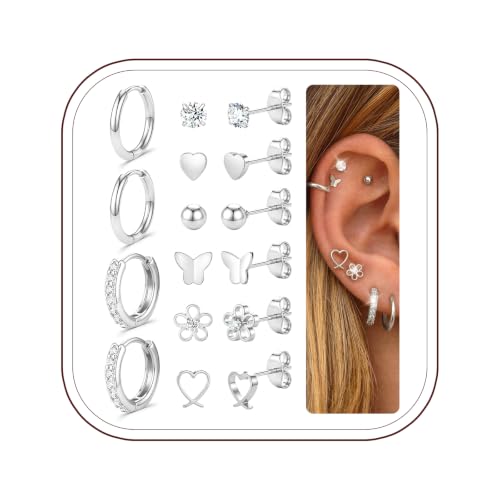 Image of 8 Pairs Gold Silver Stud Earrings Cartilage Small Hoop Stack Set for Women