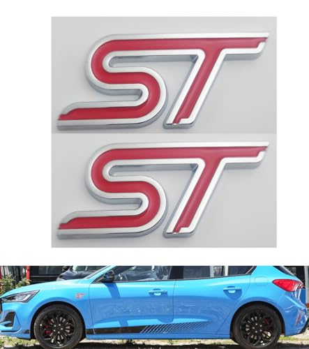 2pcs Metal new ST Car Emblem 3D Racing Decal Sport Turbo Badge Replacement for car (Silver red)