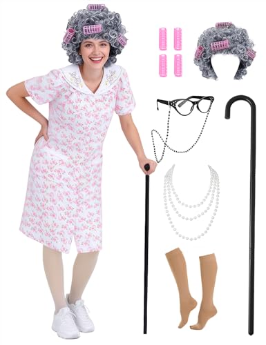 ABHOH Old Lady Costume for Women 100 Days of School Costume Adult Grandma Costumes Dress Up Accessories for Halloween (Pink) AB020PL
