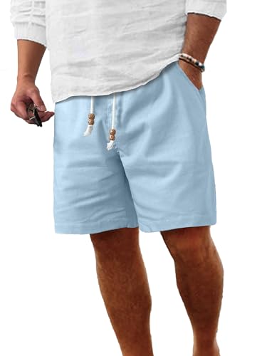 Image of Comdecevis Men's Linen Shorts Casual Elastic Waist Drawstring Summer Beach Vacation Yoga Golf Shorts with Pockets