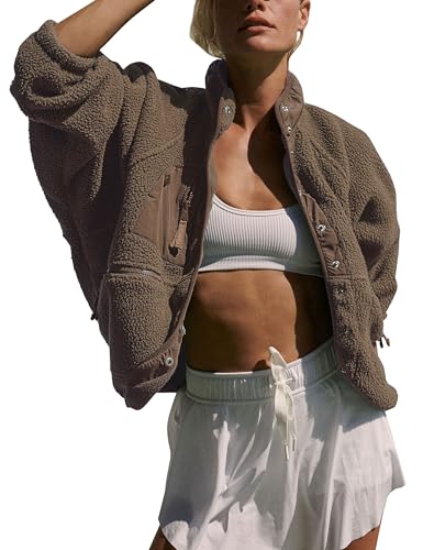 Vimyig Leichte Cropped Fuzzy Fleece Jacke für Frauen Winter Warme Sherpa Jacken Mantel Oberbekleidung mit Taschen, Braun, L