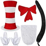 Fabllewavi 5 Pcs Cat Hat in Costume Accessories, Red White Striped Hat, Bow Tie, Gloves, Fun Cat Character Outfit for Read Book Day (A)