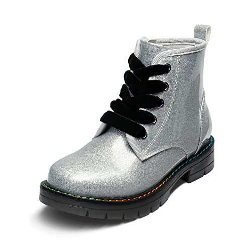 DREAM PAIRS Girls Boys Glitter Ankle Boots Side Zipper Combat Shoes with Lace Up for Toddler/Little Kid/Big Kid 8 Toddler Silver/Pu
