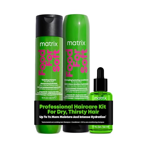 Matrix Food for Soft Hydrating shampoo 300ml, detangling conditioner 300ml and hair oil 50ml, infused with avocado oil and hyaluronic acid, for dry hair, trio