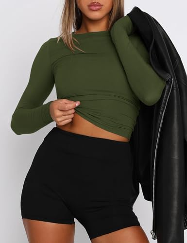 Image of AKEWEI Long Sleeve Crop Tops for Women 2 Pack Fall Going Out Outfits Cute Tight Basic Tees Shirt