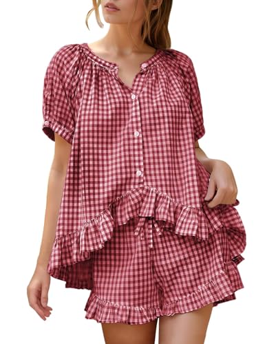 Flygo Womens Gingham Pajamas Set 2 Piece Cotton Pj Lounge Sets Puff Sleeve Ruffle Babydoll Shirt Shorts Summer Outfits(Red-XXL)