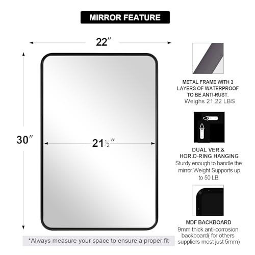 Image of ANDY STAR Black Bathroom Mirrors for Wall, 22X30 Inch Rounded Rectangle Mirror, Matte Black Bathroom Vanity Mirror, Tube Metal Framed Wall-Mounted Mirror Horizontally or Vertically