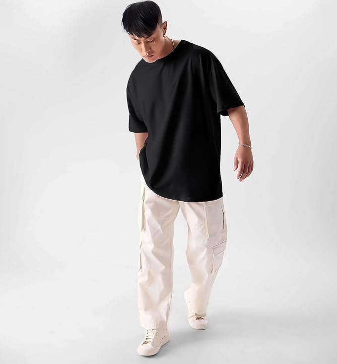 Image of Oversized Baggy Fit Drop Shoulder Half Sleeves Round Neck Solid Pure 100% Cotton T-Shirt for Men (Available in White, Black,Navy Color)