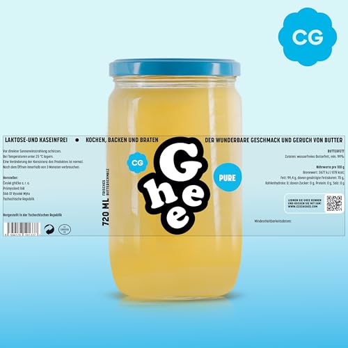 CG Ghee Pure 600 g Laktosefrei Reich an Vitaminen und Omega Fettsäuren Ausgezeichnet mit dem Great Taste Zertifikat Ideal zum Braten, Backen & als Brotaufstrich Ayurveda Ghee Butter 100% EU