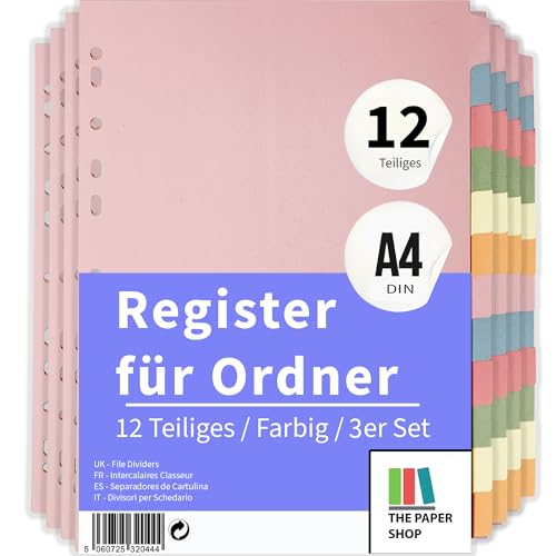 The Paper Shop A4 Ordner Register Unterteiler Hochformat 150 g/m | 3 Pack | 12-Teilig Mehrfach Gelocht Aus Stabiler Pappe | Farbige Trennblätter für Dokumente Büro Schule Archiv Organisation